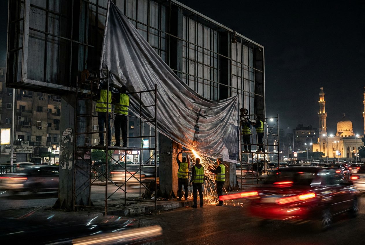 Production crew mounting a large-format banner at night