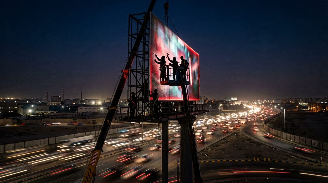 LED billboard mounted over highway traffic