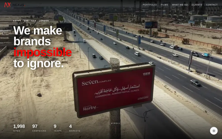 The Nexus Execution homepage: a night shot of an illuminated billboard over a Cairo highway, under the headline ‘Seen. Heard. Remembered.’