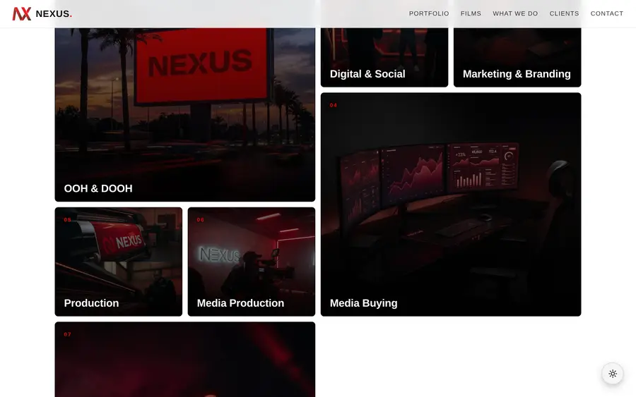 The services section of the Nexus homepage: a bento grid of numbered discipline tiles — OOH and DOOH, digital and social, media buying, production.