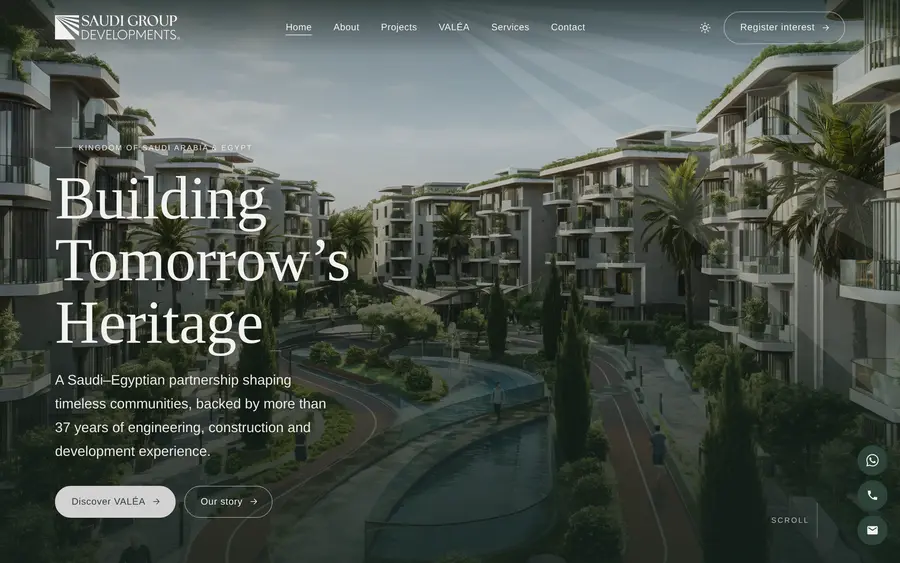 The Saudi Group Developments homepage: a render of a landscaped residential community behind the headline ‘Building Tomorrow’s Heritage.’