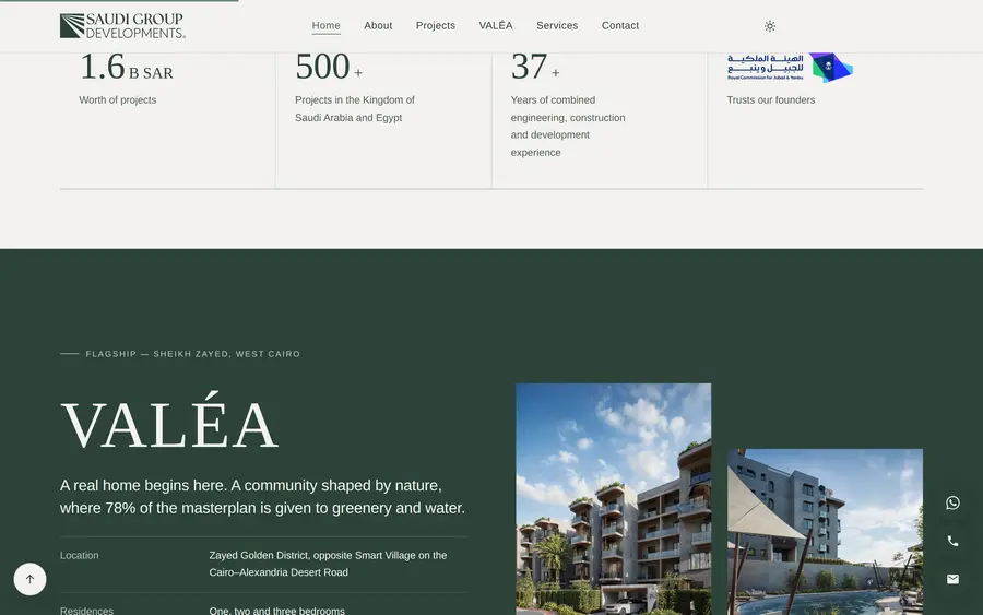 A section further down the Saudi Group Developments homepage, showing the VALÉA flagship project block.