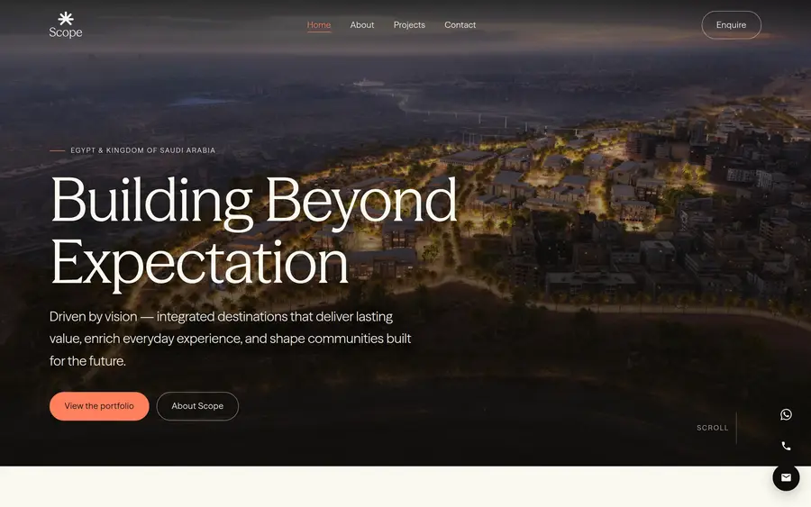 The Scope Properties homepage: an aerial golden-hour render of a terraced development behind the headline ‘Building Beyond Expectation.’